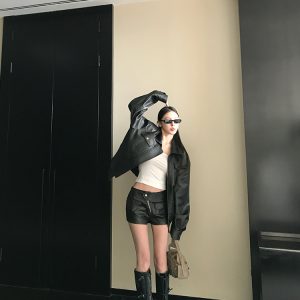 Black Vinyl Retro Motorcycle Jacket Set - Women's High-End Short Leather Jacket in Black and Brown, Y2K Style