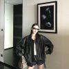Black Vinyl Retro Motorcycle Jacket Set - Women's High-End Short Leather Jacket in Black and Brown, Y2K Style