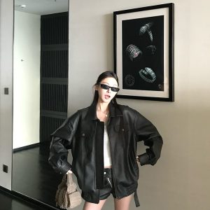 Black Vinyl Retro Motorcycle Jacket Set - Women's High-End Short Leather Jacket in Black and Brown, Y2K Style