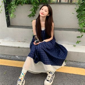 Blue Backless Tie-Up A-Line Spaghetti Strap Dress for Women - Summer French-Style Small Check Patchwork Design