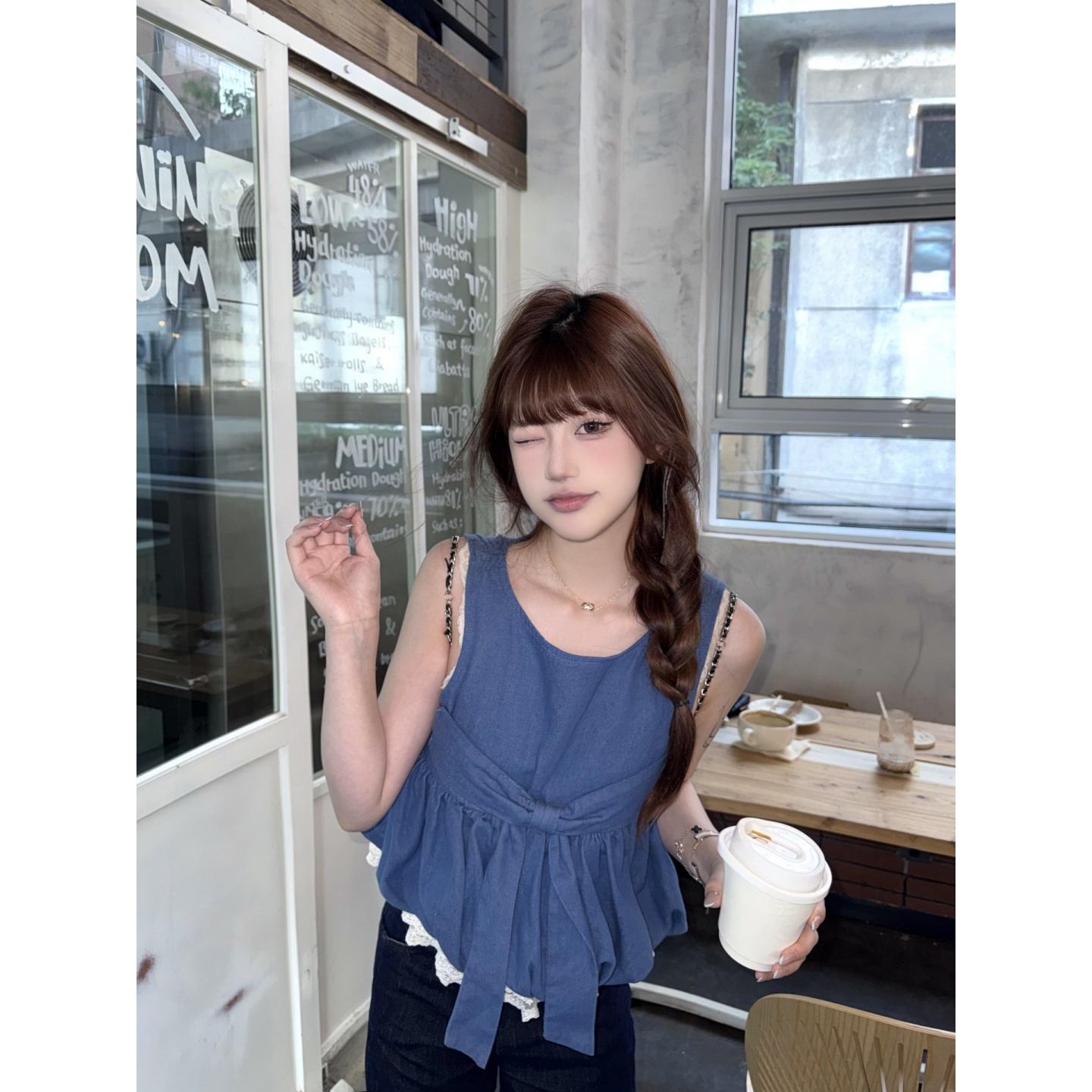 Blue Bow Lace Spliced Camisole - Women's Summer Denim Sleeveless Top with Sweet Design