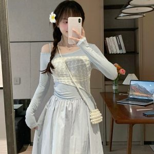 Blue Color-Blocked Asymmetrical Shoulder Dress, Waist-Cinched Slim Fit for Spring/Summer Commuting, Trendy and Stylish Fashion