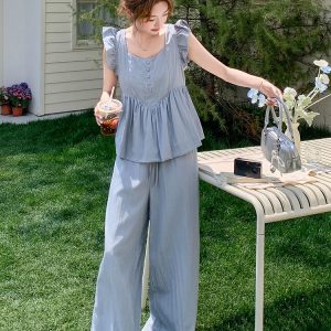 Blue Doll Shirt with Flying Sleeves and Wide-Leg Pants Set for Women - 2025 Summer Korean Style, Age-Reducing, Petite Fit Two-Piece Outfit