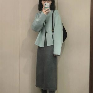 Blue Double-Sided Wool Coat Set for Women - Black Button, Minimalist Korean Style, Versatile Autumn Winter 2023 Two-Piece Outfit