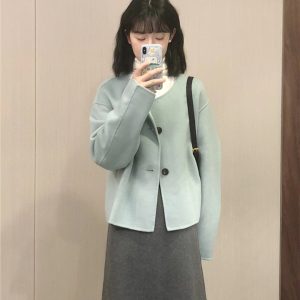 Blue Double-Sided Wool Coat Set for Women - Black Button, Minimalist Korean Style, Versatile Autumn Winter 2023 Two-Piece Outfit