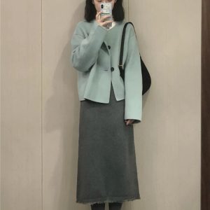 Blue Double-Sided Wool Coat Set for Women - Black Button, Minimalist Korean Style, Versatile Autumn Winter 2023 Two-Piece Outfit