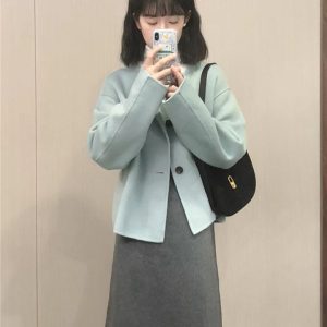 Blue Double-Sided Wool Coat Set for Women - Black Button, Minimalist Korean Style, Versatile Autumn Winter 2023 Two-Piece Outfit