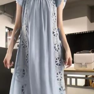 Blue Embroidered Silk Dress for Women with Small Flying Sleeves, Waist-Cinching Design, Summer French Style, Long Skirt