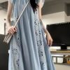 Blue Embroidered Silk Dress for Women with Small Flying Sleeves, Waist-Cinching Design, Summer French Style, Long Skirt