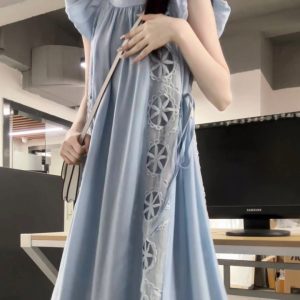 Blue Embroidered Silk Dress for Women with Small Flying Sleeves, Waist-Cinching Design, Summer French Style, Long Skirt