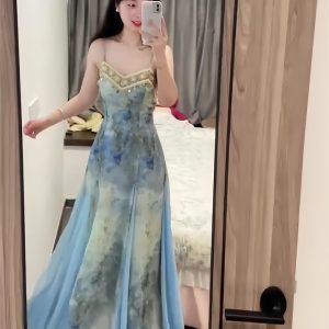 Blue Gradient Spaghetti Strap Dress for Women, Elegant Waist-Cinching Design, Spliced Lace Ribbon, 2024 Summer Fashion Trend