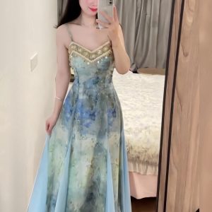 Blue Gradient Spaghetti Strap Dress for Women, Elegant Waist-Cinching Design, Spliced Lace Ribbon, 2024 Summer Fashion Trend