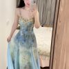 Blue Gradient Spaghetti Strap Dress for Women, Elegant Waist-Cinching Design, Spliced Lace Ribbon, 2024 Summer Fashion Trend