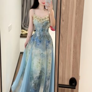 Blue Gradient Spaghetti Strap Dress for Women, Elegant Waist-Cinching Design, Spliced Lace Ribbon, 2024 Summer Fashion Trend