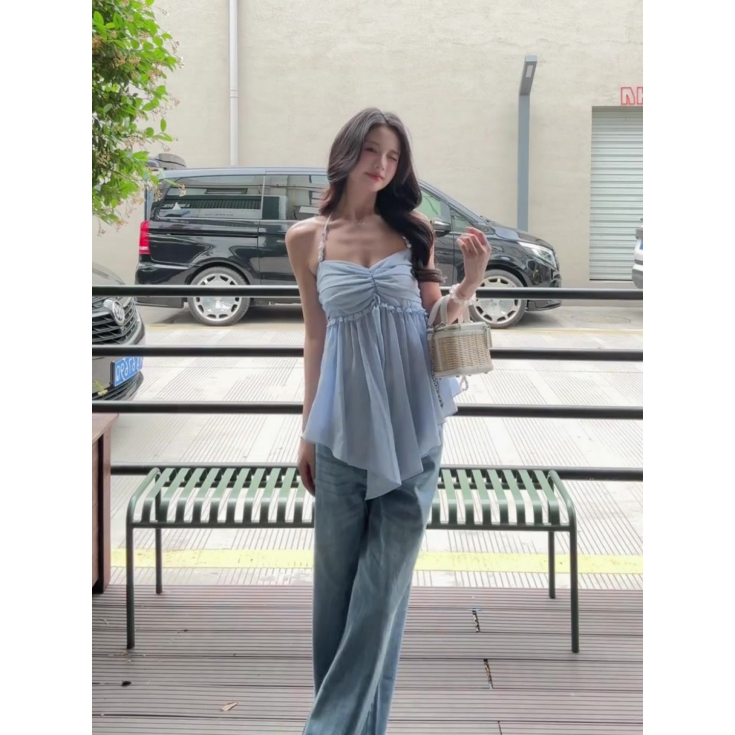 Blue Irregular Pleated Halter Top - Women's Sexy Backless Summer Outerwear, Trendy Strapless Design