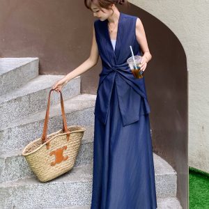 Blue Irregular Short Sleeve Top and Plaid Skirt Two-Piece Set for Women - 2025 Summer Fashion Trend