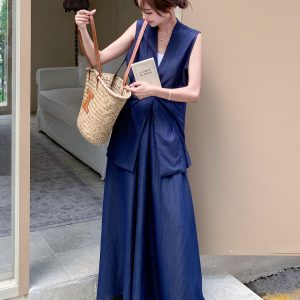 Blue Irregular Short Sleeve Top and Plaid Skirt Two-Piece Set for Women - 2025 Summer Fashion Trend
