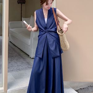 Blue Irregular Short Sleeve Top and Plaid Skirt Two-Piece Set for Women - 2025 Summer Fashion Trend