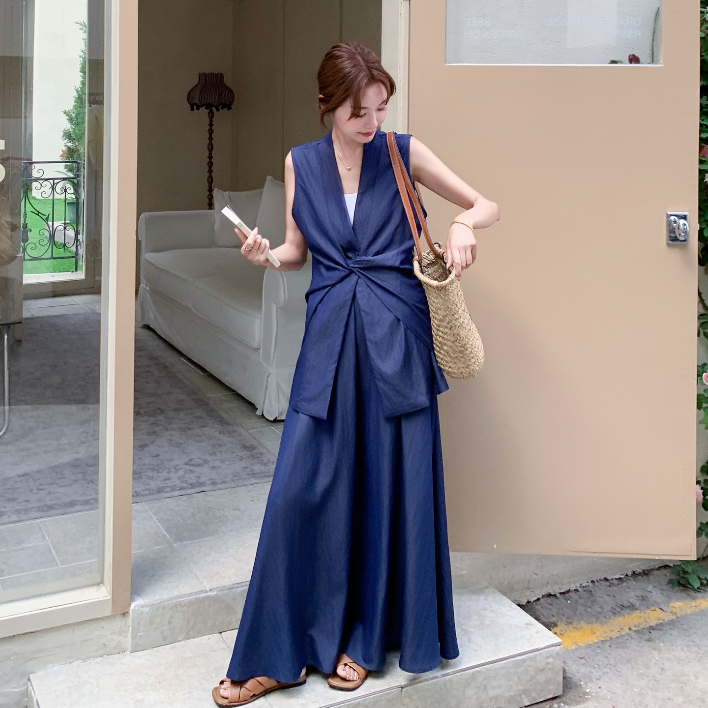 Blue Irregular Short Sleeve Top and Plaid Skirt Two-Piece Set for Women - 2025 Summer Fashion Trend