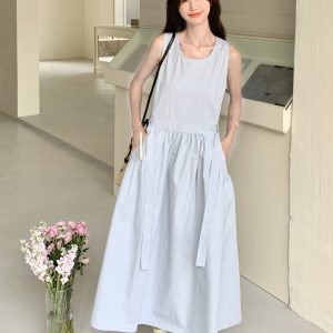 Blue Korean-Style Lace-Up Dress for Women - Stylish Casual Summer 2025 Tank Dress with Temperament Design, Age-Reducing Look