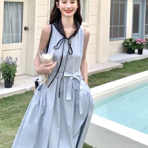 Blue Korean-Style Lace-Up Dress for Women - Stylish Casual Summer 2025 Tank Dress with Temperament Design, Age-Reducing Look