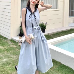 Blue Korean-Style Lace-Up Dress for Women - Stylish Casual Summer 2025 Tank Dress with Temperament Design, Age-Reducing Look