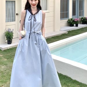 Blue Korean-Style Lace-Up Dress for Women - Stylish Casual Summer 2025 Tank Dress with Temperament Design, Age-Reducing Look
