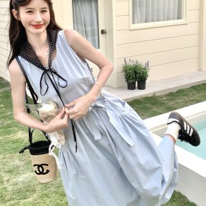 Blue Korean-Style Lace-Up Dress for Women - Stylish Casual Summer 2025 Tank Dress with Temperament Design, Age-Reducing Look
