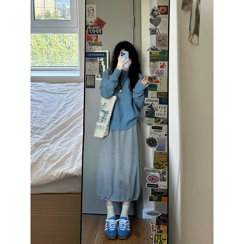 Blue Long Sleeve Knitted Sweater and Tulip Skirt Two-Piece Set for Women, Loose Fit Spring Outfit, Casual Chic Style