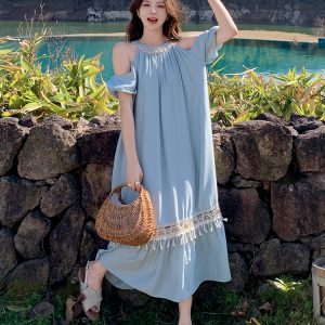 Blue Off-Shoulder Halter Dress for Women - 2025 Summer Loose Fit Vacation Style with Flattering Long Skirt
