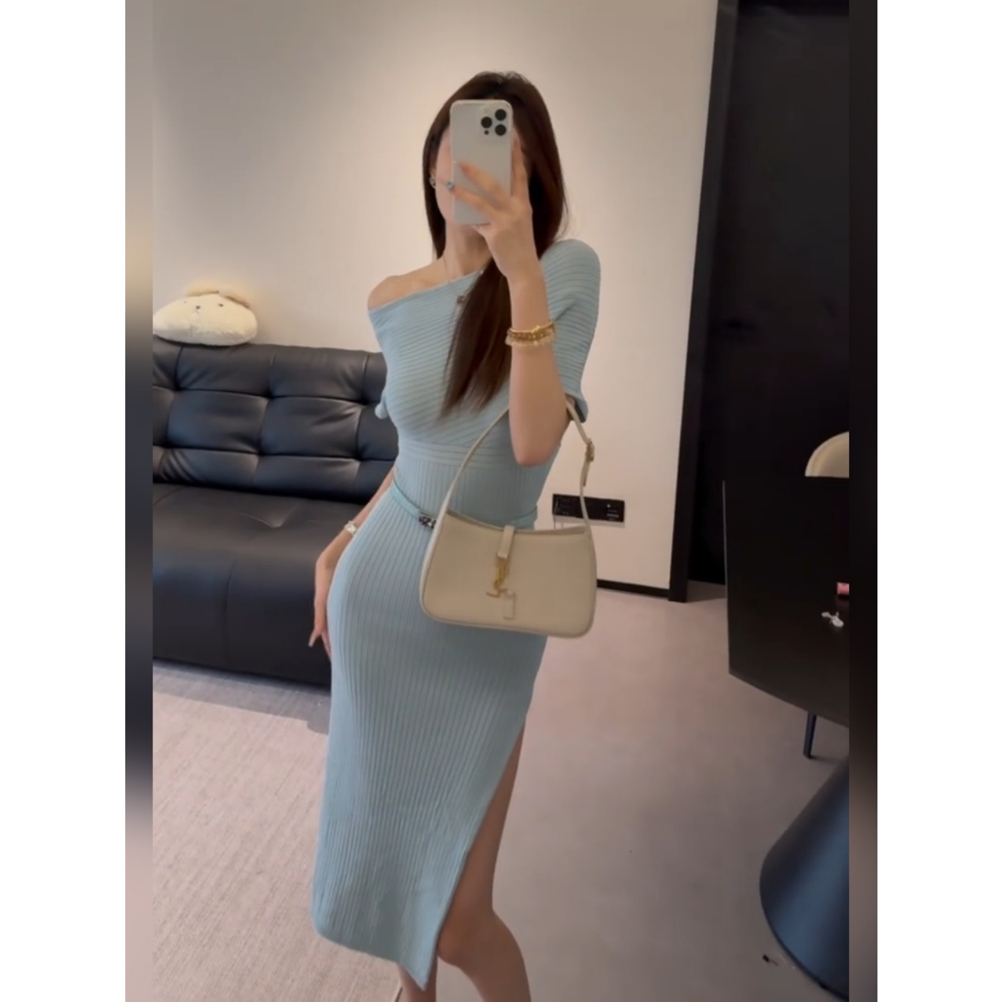 Blue Off-Shoulder Knitted Dress for Women - Summer French Style Sexy Bodycon Long Skirt with Slim Fit - Chic Temperament Fashion