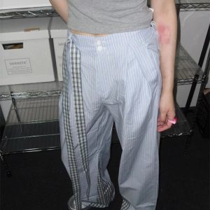 Blue Patchwork Striped Wide-Leg Pants for Women - Summer Niche Style, Elastic Waist, Loose Fit, Slimming Floor-Length Design