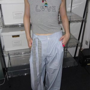 Blue Patchwork Striped Wide-Leg Pants for Women - Summer Niche Style, Elastic Waist, Loose Fit, Slimming Floor-Length Design