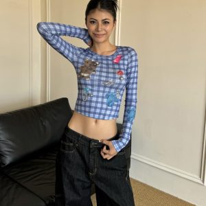 Blue Plaid Long Sleeve T-Shirt with Cute Bear Print, Slim Fit Summer Style for a Spicy Heat Look