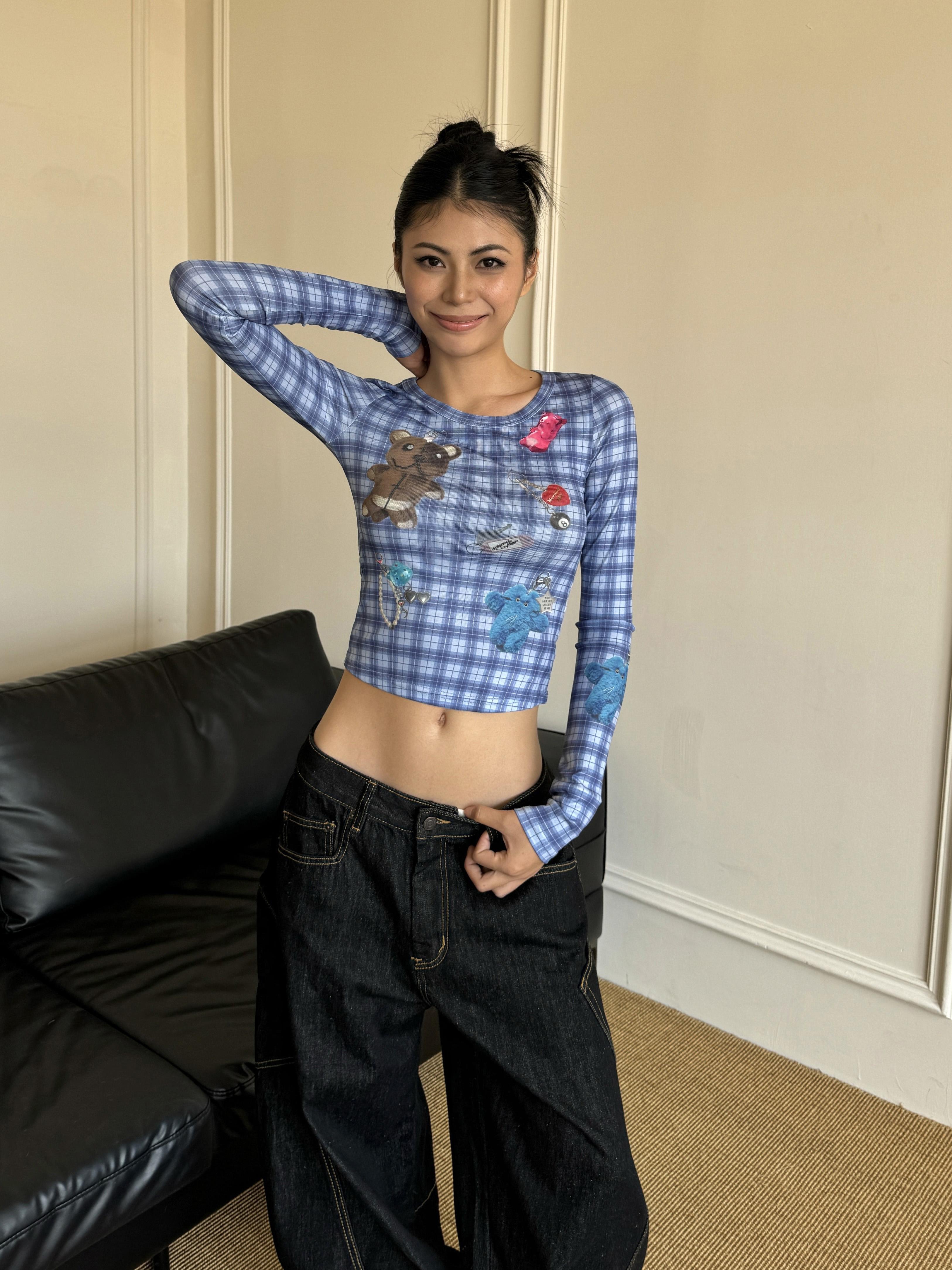 Blue Plaid Long Sleeve T-Shirt with Cute Bear Print, Slim Fit Summer Style for a Spicy Heat Look