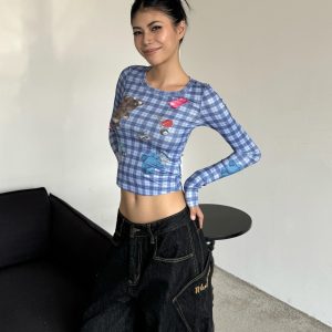 Blue Plaid Long Sleeve T-Shirt with Cute Bear Print, Slim Fit Summer Style for a Spicy Heat Look
