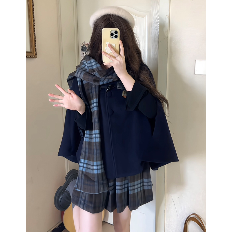 Blue Plaid Woolen Cloak Set with Scarf and Collar - Autumn Winter JK Uniform Style Fashion Cape for a Cozy Look
