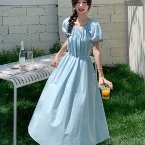 Blue Puff Sleeve Dress for Women - 2025 Summer A-Line Style with Tie Waist, Slimming Design, Pure and Gentle Look
