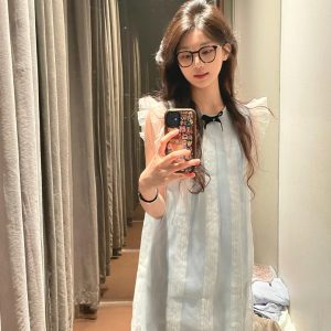 Blue Small Flying Sleeve A-Line Dress for Women, Summer Mesh Vest Design, Princess Style, Trendy Niche Fashion
