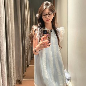 Blue Small Flying Sleeve A-Line Dress for Women, Summer Mesh Vest Design, Princess Style, Trendy Niche Fashion