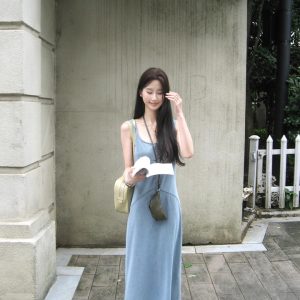 Blue Stretchy Denim Tank Dress for Women, Vintage French Summer Style, Waist-Cinching, Slimming Fit, High-End Quality
