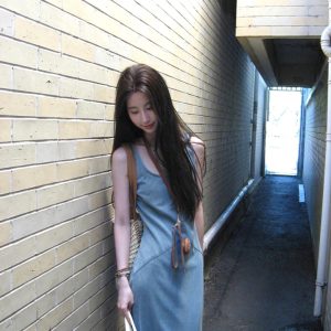 Blue Stretchy Denim Tank Dress for Women, Vintage French Summer Style, Waist-Cinching, Slimming Fit, High-End Quality