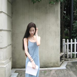 Blue Stretchy Denim Tank Dress for Women, Vintage French Summer Style, Waist-Cinching, Slimming Fit, High-End Quality