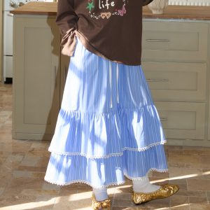 Blue Striped Lace Half Skirt - Elegant A-Line Design, Slimming Cake Style, Perfect for Beach Outings and 90s Inspired Looks