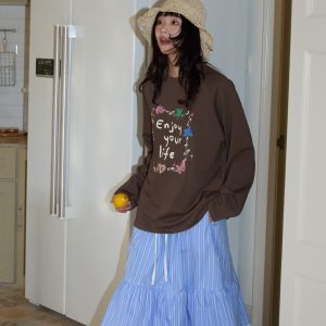 Blue Striped Lace Half Skirt - Elegant A-Line Design, Slimming Cake Style, Perfect for Beach Outings and 90s Inspired Looks