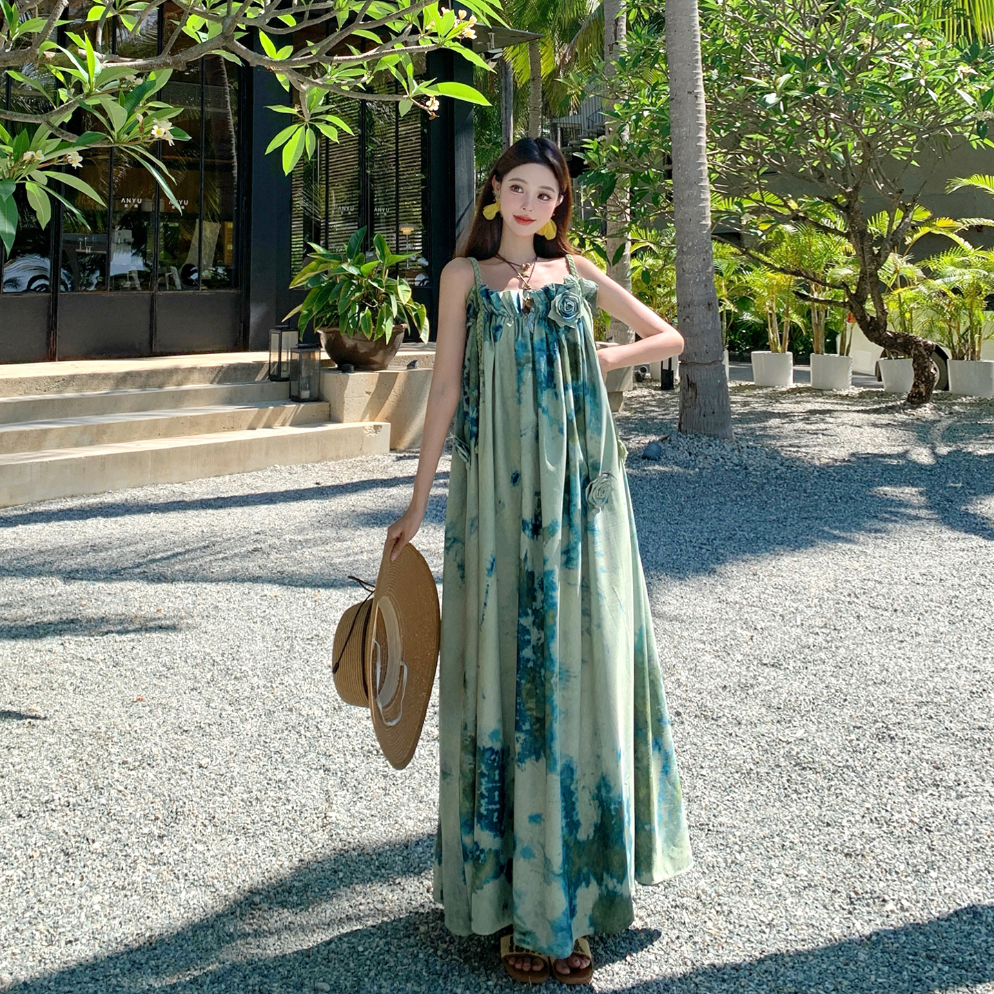 Bohemian Beach Long Strap Dress - Thai Ink Wash Gradient Loose Fit Vacation Style for Seaside Vibes