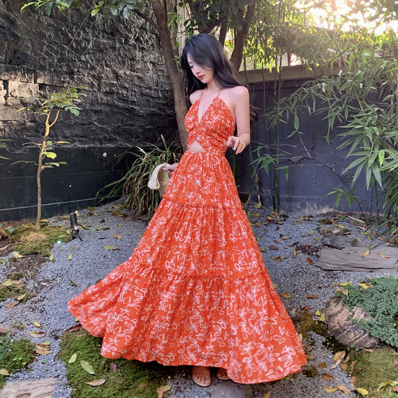 Bohemian Floral Backless Dress - Hollowed-Out Seaside Vacation Maxi Skirt for Summer Beach Days