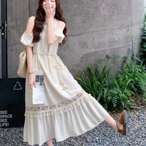 Bohemian Off-Shoulder Halter Dress for Women - 2025 Summer Long Tassel Dress for Vacation, High-End Quality Fashion