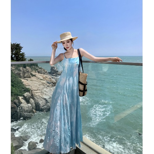 Bohemian Spaghetti Strap Maxi Dress - Thailand Sanya Wind Beach Skirt for Seaside Vacation - Slimming Long Dress