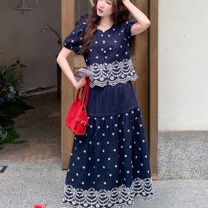 Bohemian Vintage Embroidered Two-Piece Set for Women - Summer 2025 Puff Sleeve Top and Skirt Vacation Style